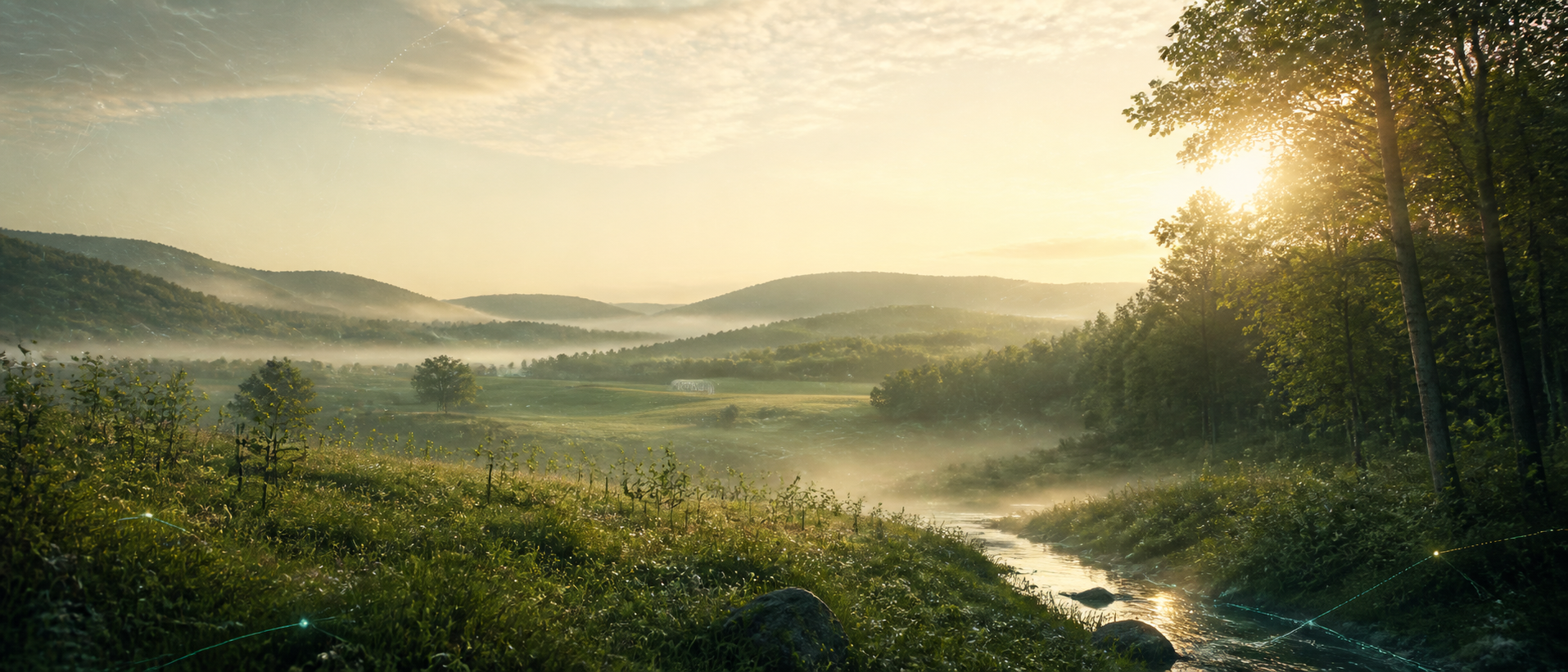 Conceptual Appalachian farmland meeting forest at sunrise, with a stream and subtle ecological mapping lines.