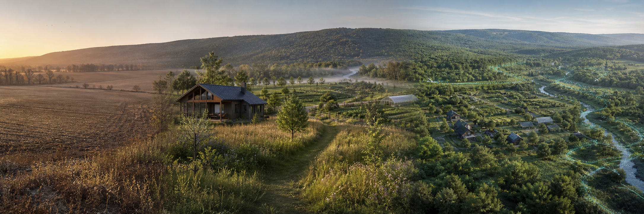 Conceptual progression from open Appalachian farmland to a cottage and gardens, then to a wider habitat-first regenerative community landscape.